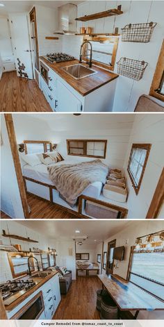 the interior of a tiny home with wood floors and white walls, including a bed