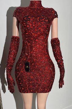 Red And Silver Dress, Red Rhinestone Dress, Gloves Outfit, Dress With Gloves, Red Sequin Dress, Rhinestone Fashion, Club Party Dresses, Red Sequin, Rhinestone Dress