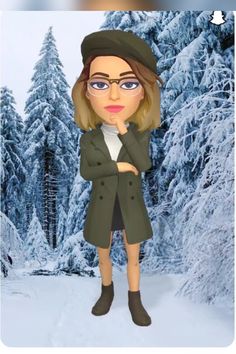 an animated woman wearing glasses and a hat standing in front of snow - covered trees