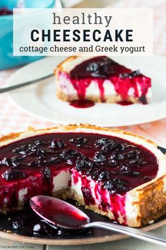 This healthy cheesecake is made with cottage cheese and greek yogurt. It’s much higher in protein than a classic cheesecake, but you’ll never be able to taste the difference. This is served with blackcurrant jam. Recipe on www.theworktop.com. || #healthy #cheesecake #recipe #cottagecheese #greekyogurt #dessert Cheesecake With Cottage Cheese, Keto Bakes, Cheesecake Healthy, Healthy Cheesecake Recipes, Healthy Cakes, Healthy Cheesecake