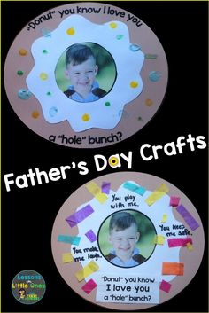 two paper plates with pictures on them and the words donuts for dad crafts written below