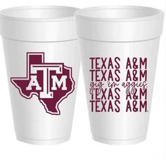 texas a & m cups are shown with the word, texas a and am on them