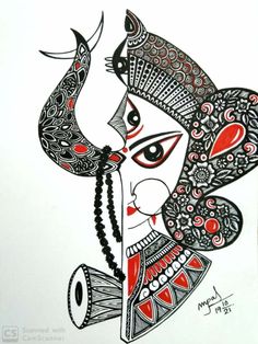 a drawing of a woman's face with red and black designs on her face