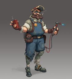 a cartoon character with an electric drill in his hand and wearing overalls, holding a hammer