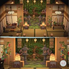 two screens show the inside of a japanese style house, with plants and decorations on either side