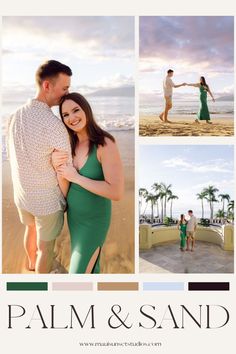 a couple standing on the beach in front of palm trees and water with their arms around each other