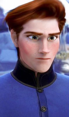 an animated image of a man with red hair and green eyes wearing a blue uniform