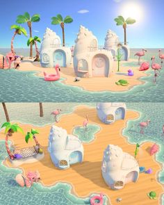 an animated beach scene with flamingos and ice cream houses