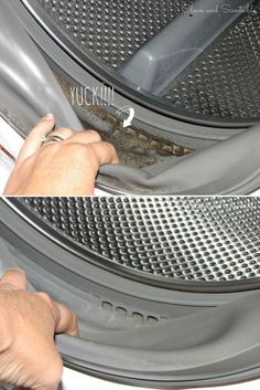 two pictures of the inside of a washing machine, one showing how to clean it