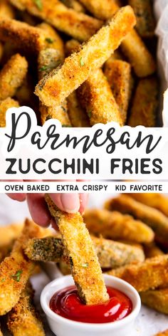 someone dipping sauce on some fried zucchini fries