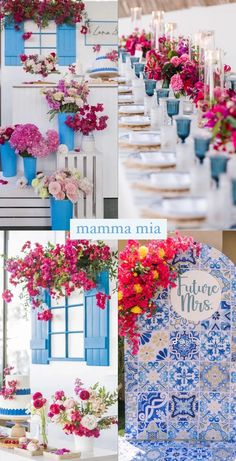 a collage of photos with flowers and vases on the table in different colors