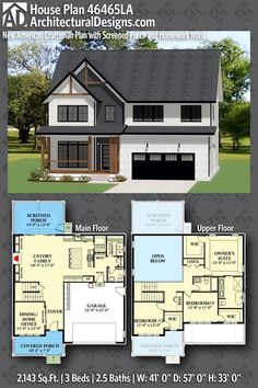 two story house plan with 3 car garage and attached living room, kitchen and dining area