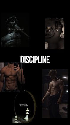 the movie poster for discipline is shown in black and white, with images of men's torsos