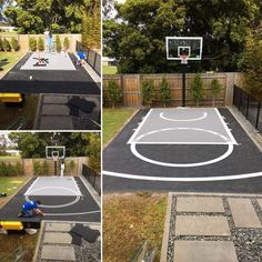 an outdoor basketball court is shown in three different stages, including being built on the ground