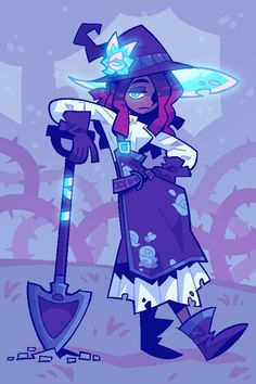 a cartoon character holding a shovel and wearing a witches hat with an evil look on her face