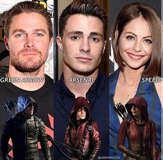 the cast of arrow, green arrow, and spider - man are shown in this composite image