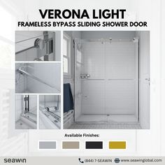 an advertisement for a shower door with different colors and finishes on it's side