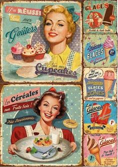 an old fashioned advertisement for cupcakes and ice cream with a woman holding a plate