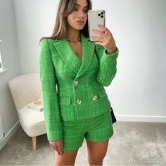 Brand New Zara Tweed Blazer And High Waisted Shorts 2 Piece Set. Both Size Small. Green Tweed Dress For Workwear In Fall, Green Tweed Dress For Work, Zara Fitted Tweed Jacket, Green Tweed Jacket For Work, Chic Green Tweed Blazer, Zara Tweed Blazer, Zara Tweed, Green Tweed, Blazer And Shorts