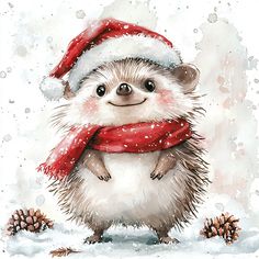 a hedgehog wearing a santa hat and scarf with pine cones around its neck in the snow