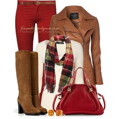 Love this outfit! Clothing Apps, Elegant Outfits, Business Style, Red Pants, Casual Clothes, Brown Jacket, Winter Clothes