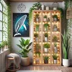 a room filled with plants and potted plants on top of wooden shelves next to a window