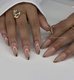 chrome nails, chrome nail, chrome nail design, nail art, nail design French Manicure Designs With Gold, Glam Nails Almond Shape, Golden Summer Nails, Almond Nails Gold French Tip, Almond Nails With Gold Tips, Gold French Manicure Almond, French Manicure On Almond Nails, Gold And Brown Nails Design, Acrylic Nails With Gold Design