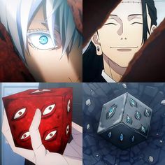 four different anime characters with blue eyes and white hair, one is holding a dice