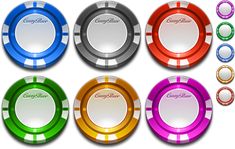 six different colored poker chips with the word champion on each one in front of them