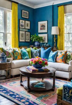 a living room with blue walls and colorful pillows on the couches in front of them