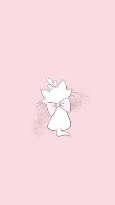 a pink background with a white cat wearing a bow