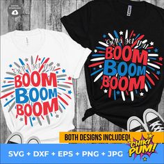 two t - shirts with the words boom, boom and stars in red white and blue