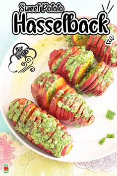 the cover of sweet potato hasselback with guacamole on it