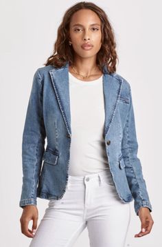 Denim blazer jacket, long sleeve with button closures, seams & center back vent, flap pockets & darts for shape support. Medium wash denim on standard fit. Body length from HPS: 26", Sleeve length: 24", Bust: 36" (Size Small) 98% COTTON 2% SPANDEX Machine wash cold, Tumble dry low Imported Denim Blazer Jacket, Dear John, Denim Blazer, Jacket Long, Fit Body, Loungewear Shorts, Linen Pants, Blazers For Women, Clothing Items