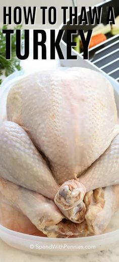 a turkey sitting in a bowl with the words how to thaw a turkey on it