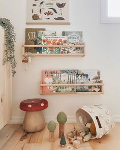 there is a shelf with books and toys on it in the corner next to a mushroom