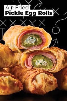 an advertisement for air fried pickle egg rolls