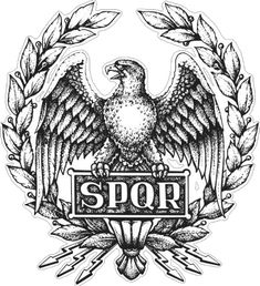 an eagle with the word spqr on it's chest, surrounded by laurels