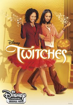 two women in red dresses standing next to each other with the words witches on them