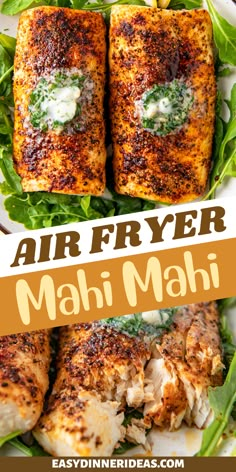 air fryer mahi mahi on a plate with spinach leaves and sauce