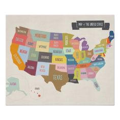 a map of the united states with different colors and words in each country's capital