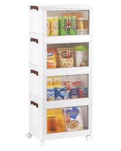 three tiered storage unit with baskets and food items on wheels, in white finish