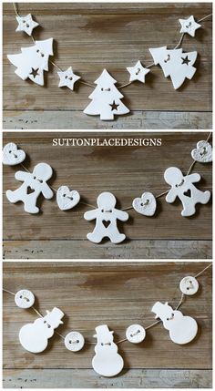 christmas decorations made out of buttons and wooden shapes are hanging on a string with the words,