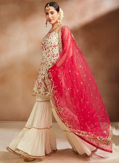 Off White Multicolor Embroidered Gharara Suit– Lashkaraa White Gharara, Red Sharara, Indian Suits For Women, Gharara Suits, Indian Suits, Wedding Outfits, Punjabi Suits, Wedding Guest Outfit