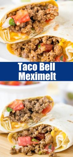 taco bell mexican meat burritos on a white plate with text overlay