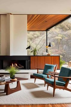 a living room filled with furniture and a fire place in the middle of a room