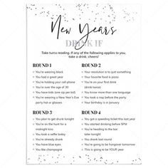 Silver New Year's Party Drink If Game Card Printable by LittleSizzle New Year’s Eve Party Games, New Years Eve Games For Family, New Year's Eve Games For Family, Drink If Game, New Years Eve Drinks, New Year's Drinks, Drinking Card Games, New Years Eve Games, New Year's Games