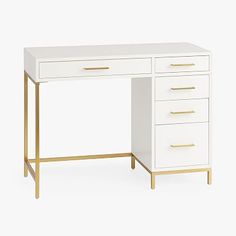 a white desk with gold handles and drawers on the top, against a white background