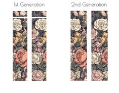 two vertical banners with flowers on them and the words 1st generation, 2nd generation written in white