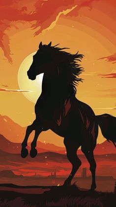 the silhouette of a horse is shown in front of an orange and red sky with clouds